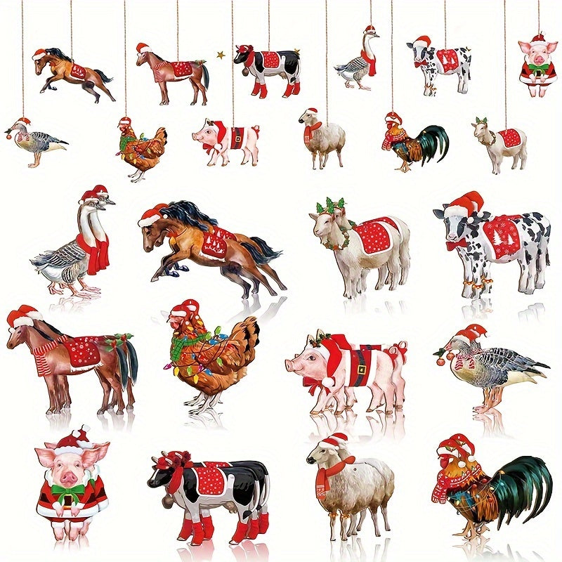 24Pcs Wooden Farm Animal Hanging Decor Christmas Tree Pendants