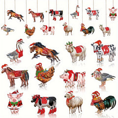 24Pcs Wooden Farm Animal Hanging Decor Christmas Tree Pendants