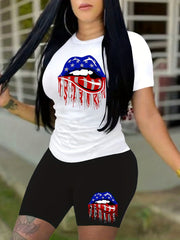 Women's Plus Flag Lip Print Tee & Shorts Set