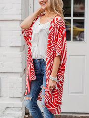Geometrical Print Cover Up Shirt V Neck Half Sleeves Semi Sheer Loose Fit Cardig