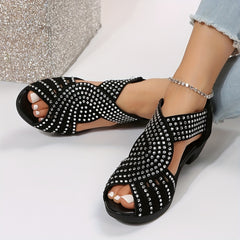 Rhinestone Cross Strap Sandals with Block Heel for Outdoor Activities