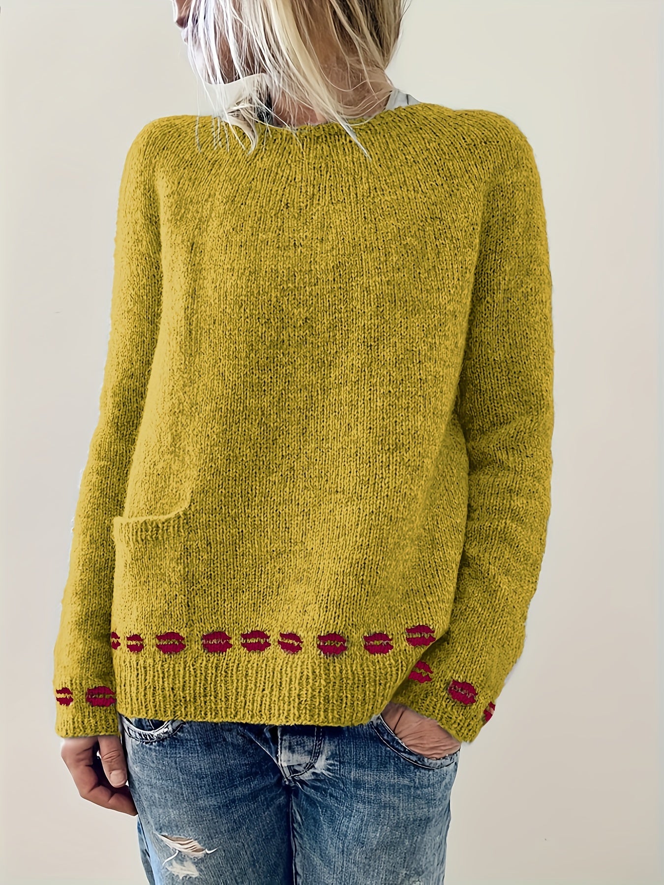 Lip Pattern Crew Neck Long Sleeve Sweater