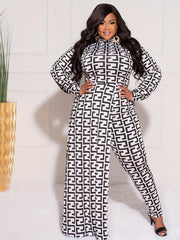 Geometric Print Long Sleeve Mock Neck Jumpsuit