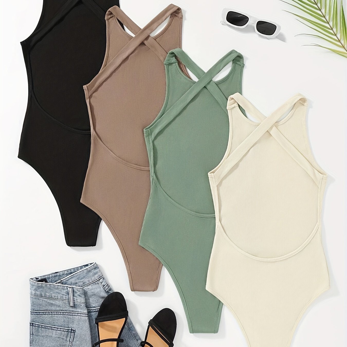 Solid Crew Neck Bodysuit 4 Pack Sleeveless Cross Back - Women's Clothing