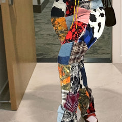 Patchwork Print Elastic Drawstring Straight Leg Pants