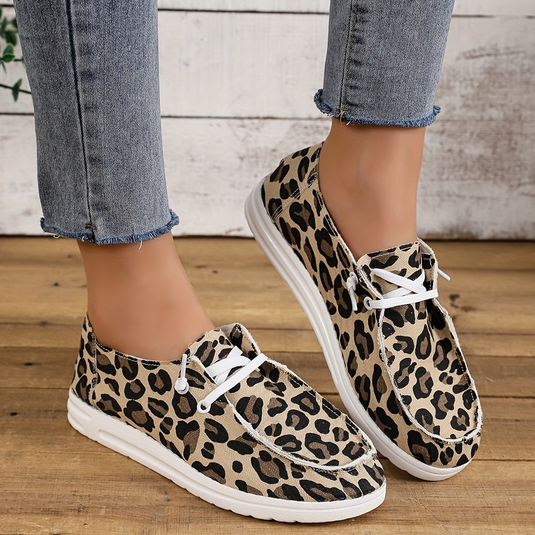 Leopard Print Canvas Shoes Lace Up Lightweight Outdoor Loafers