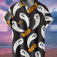 Funny Halloween Ghost Pattern Men's Short Sleeve Lapel Shirt