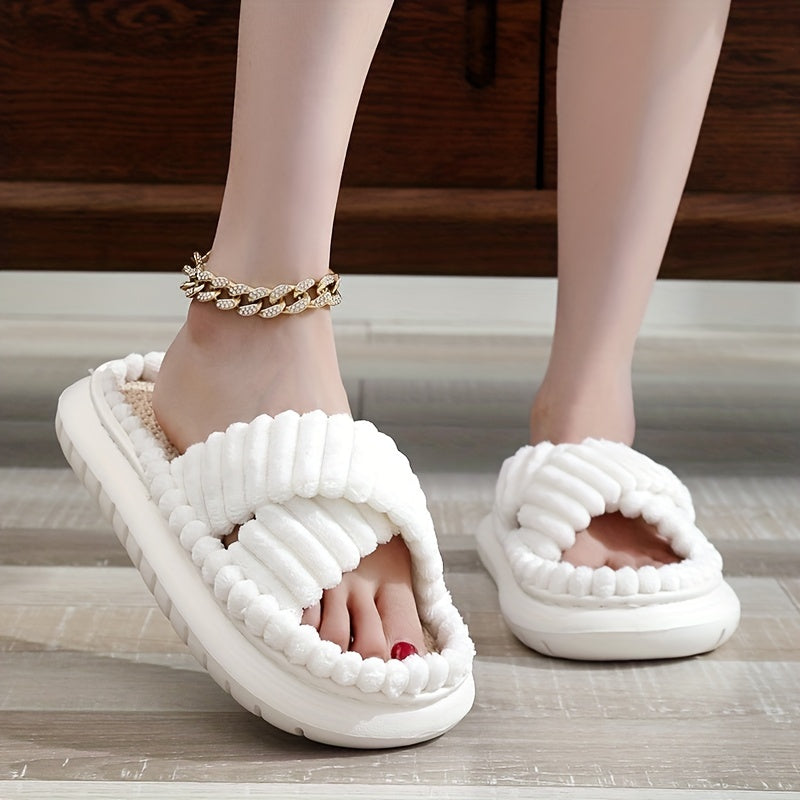 Women's Cross Strap Pillow Slippers Plush Lined Linen Shoes