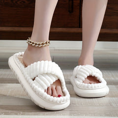 Women's Cross Strap Pillow Slippers Plush Lined Linen Shoes