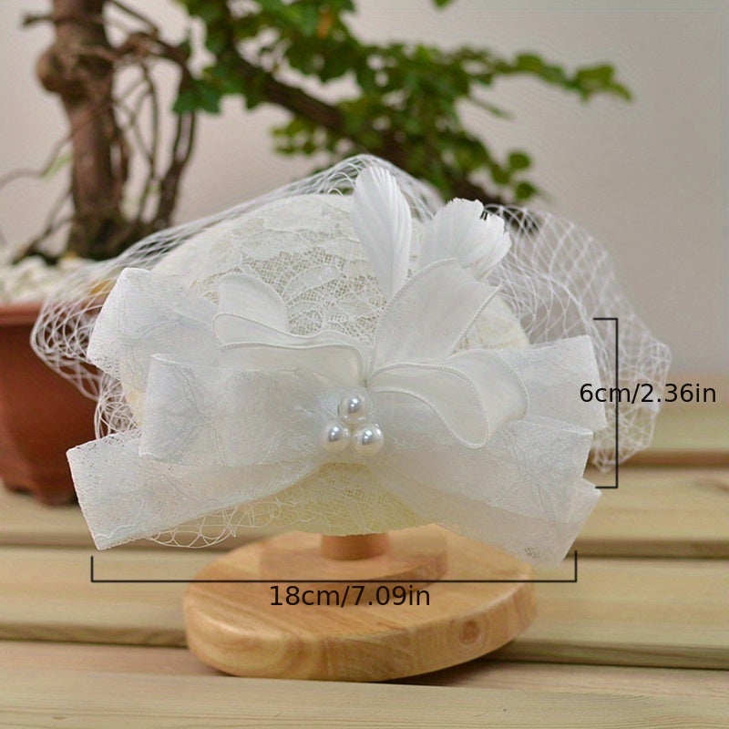 Veil Lace Fascinator Hats Faux Pearl Bowknot Decor Derby Hats