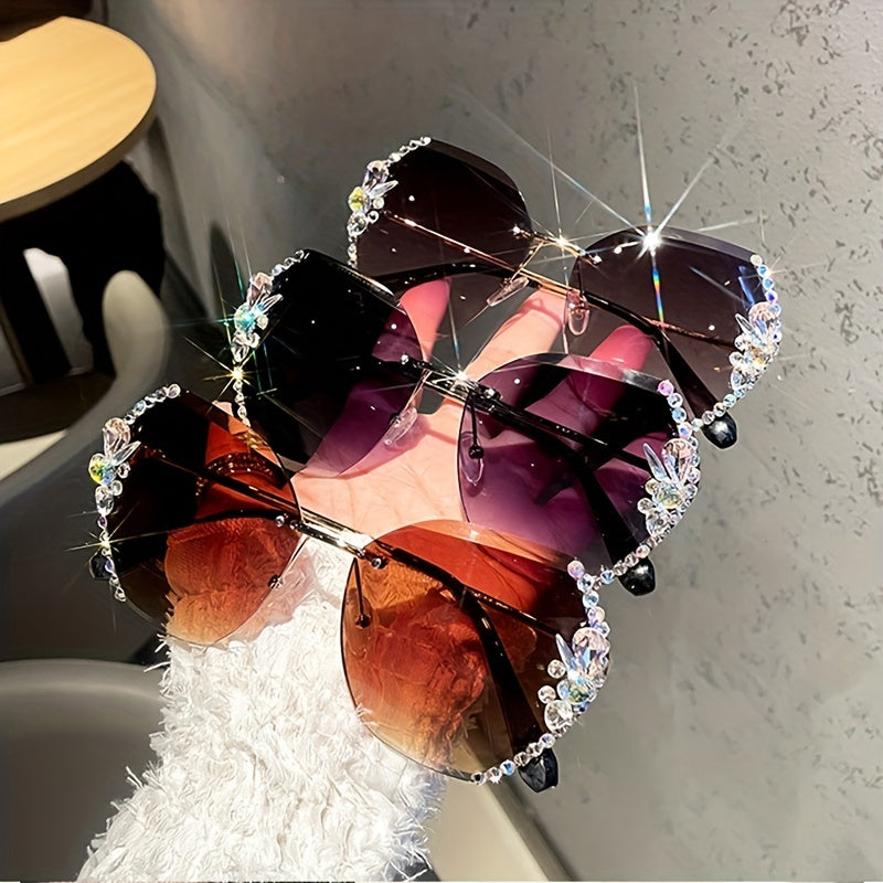 Rhinestone Rimless Sunglasses Gradient UV400 Beach Party Glasses