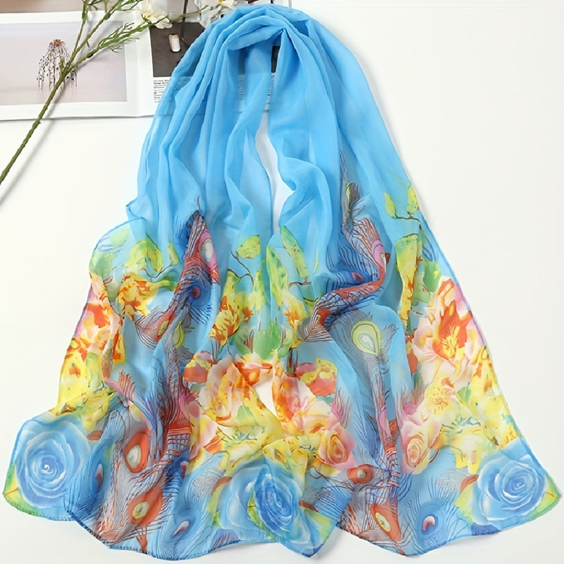 Peacock Print Chiffon Scarf Breathable Shawl Women Outdoor Gauze Head Wrap