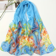 Peacock Print Chiffon Scarf Breathable Shawl Women Outdoor Gauze Head Wrap