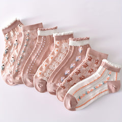 7 Pairs Floral Embossed Short Socks Women's Stockings & Hosiery
