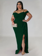 Sexy Dress Women's Plus Solid Cold Shoulder V Neck Split Dress