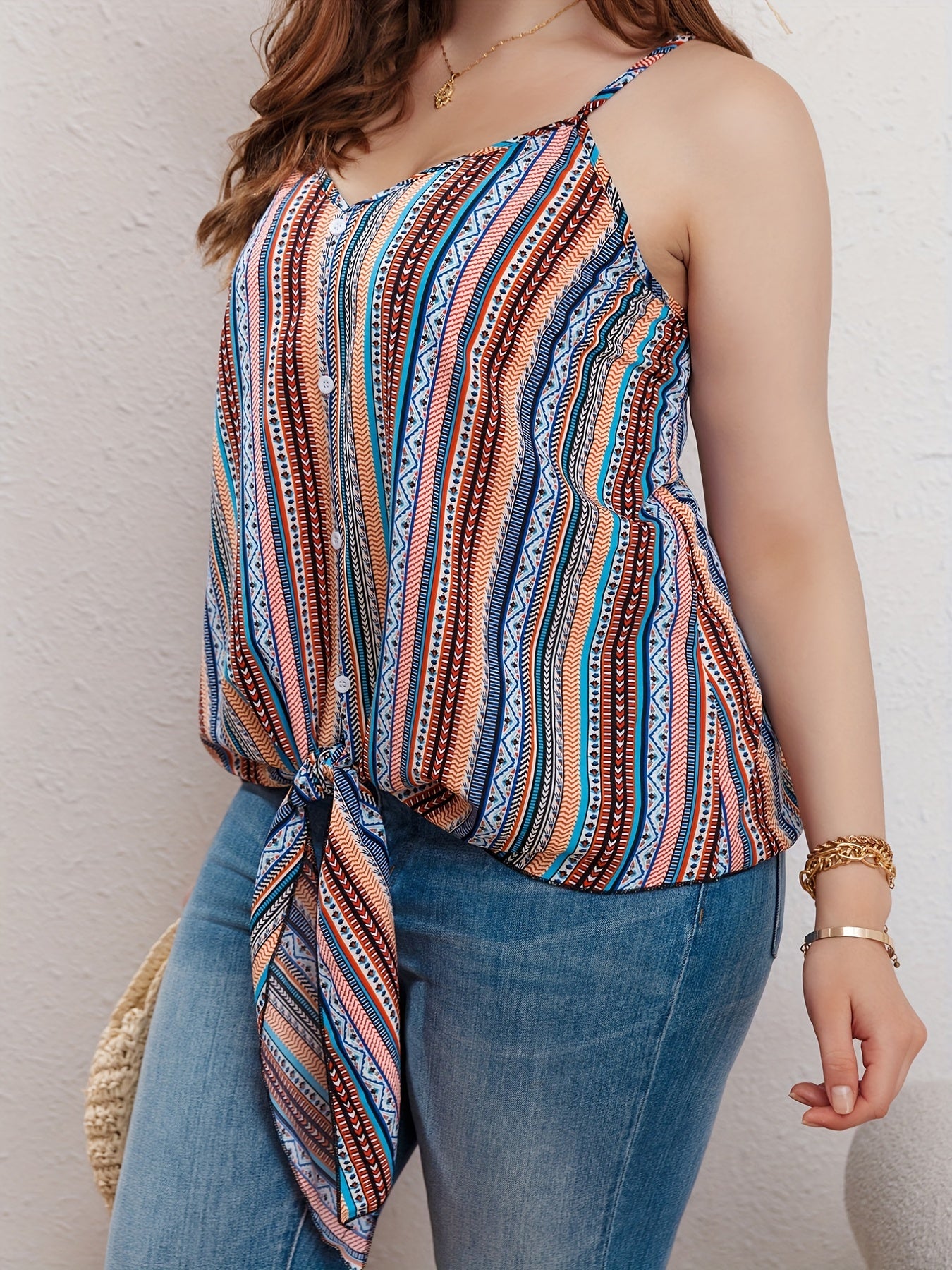 Striped Print Button Decor V Neck Tie Front Cami Top