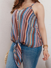 Striped Print Button Decor V Neck Tie Front Cami Top
