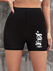 Skull Print Biker Shorts High Waist Slim Casual Short Leggings Women's Clothing