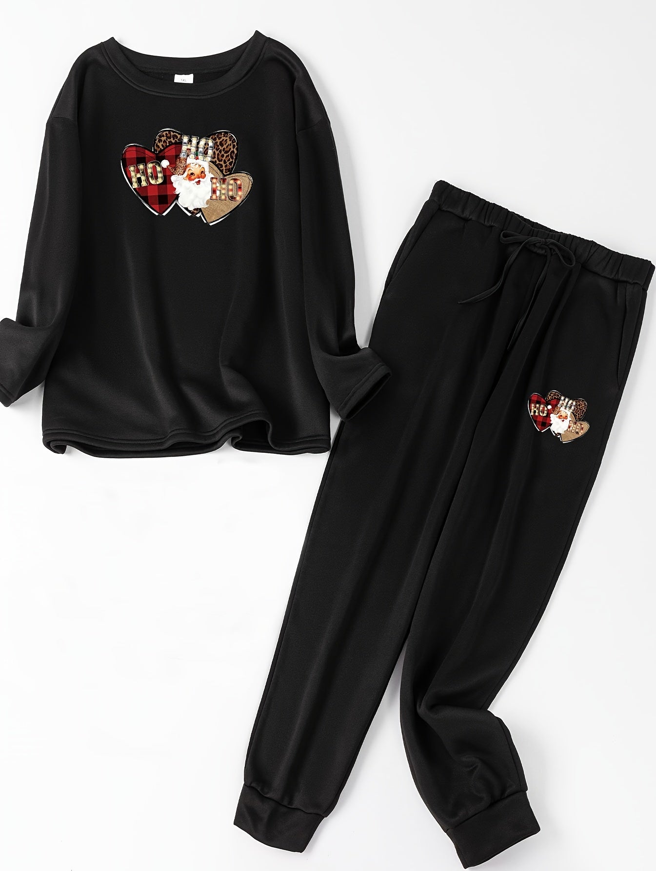 Santa & Heart Print Fleece Top & Joggers Pajama Set