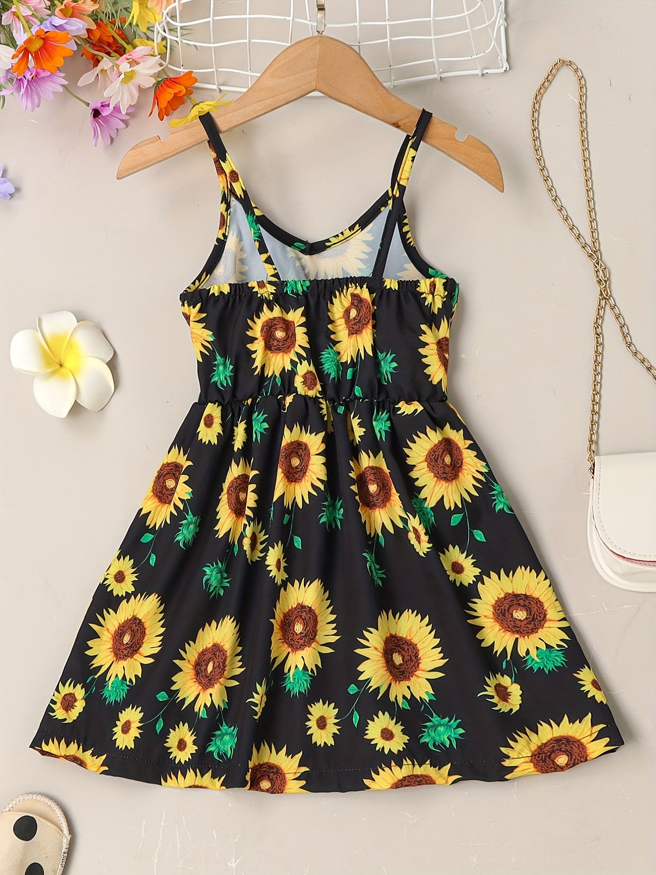 Girls Sunflower Cami Dress Kids Summer Vacation Casual Dress