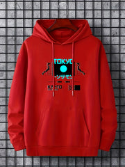 Japanese Tokyo Print Men's Round Neck Hooded Sweatshirt for Autumn Winter