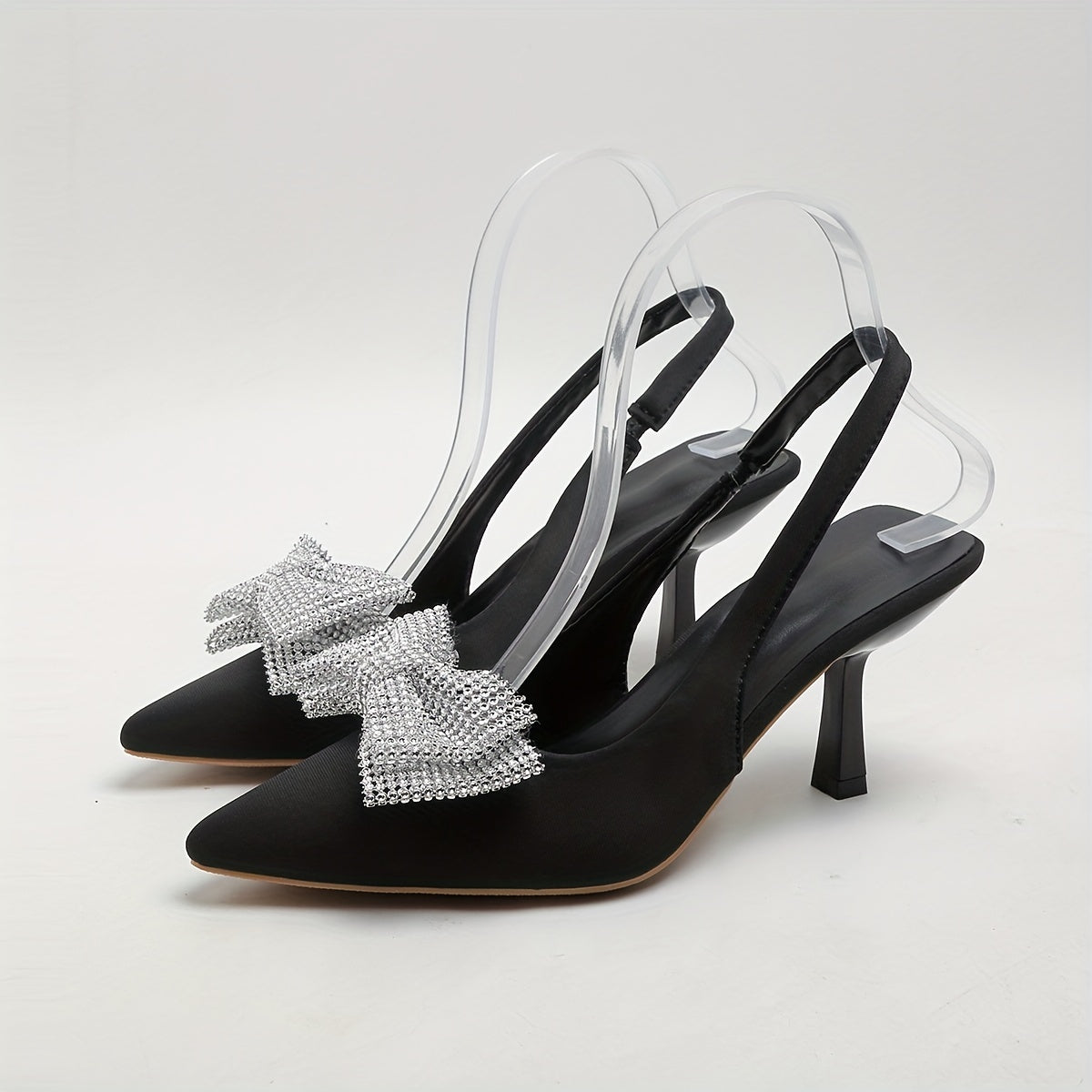 Rhinestone Bow Sandals Pointed Toe Slingback Mid Heels