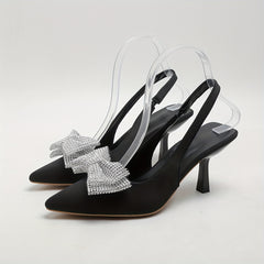 Rhinestone Bow Sandals Pointed Toe Slingback Mid Heels
