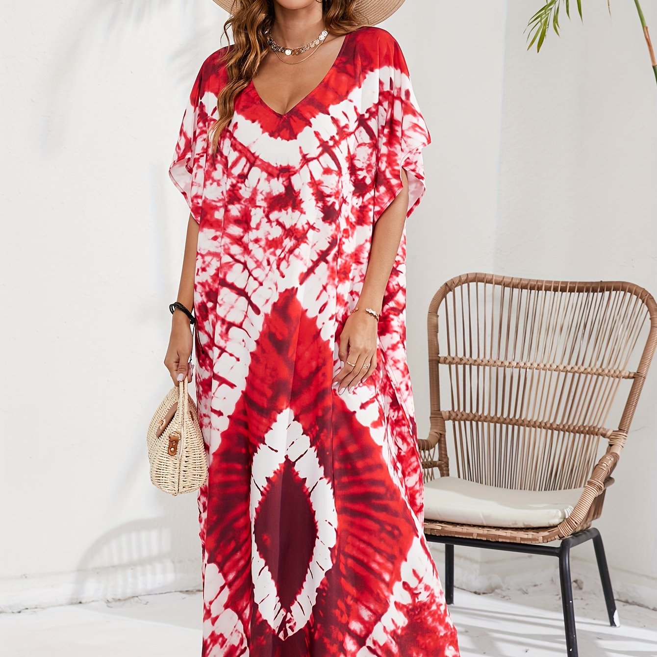 Boho Cover Up Women's Tie Dye & Geo Print Kaftan Beach Cover Up Dress