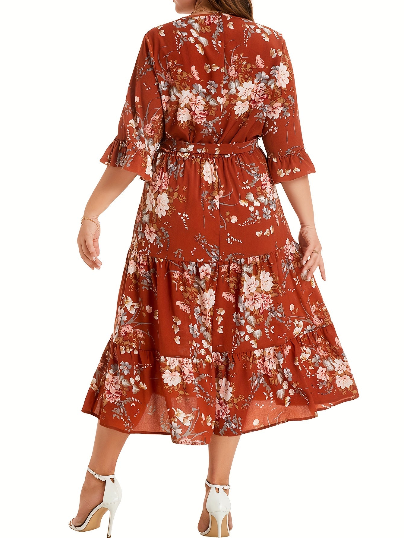 Floral Print V Neck Smock Maxi Dress
