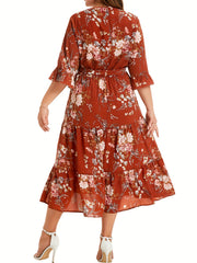 Floral Print V Neck Smock Maxi Dress