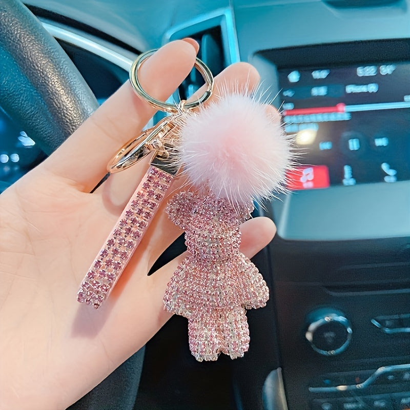 Unique Fun Keychain Gift For Girls with Artificial Diamond Hairball Bear