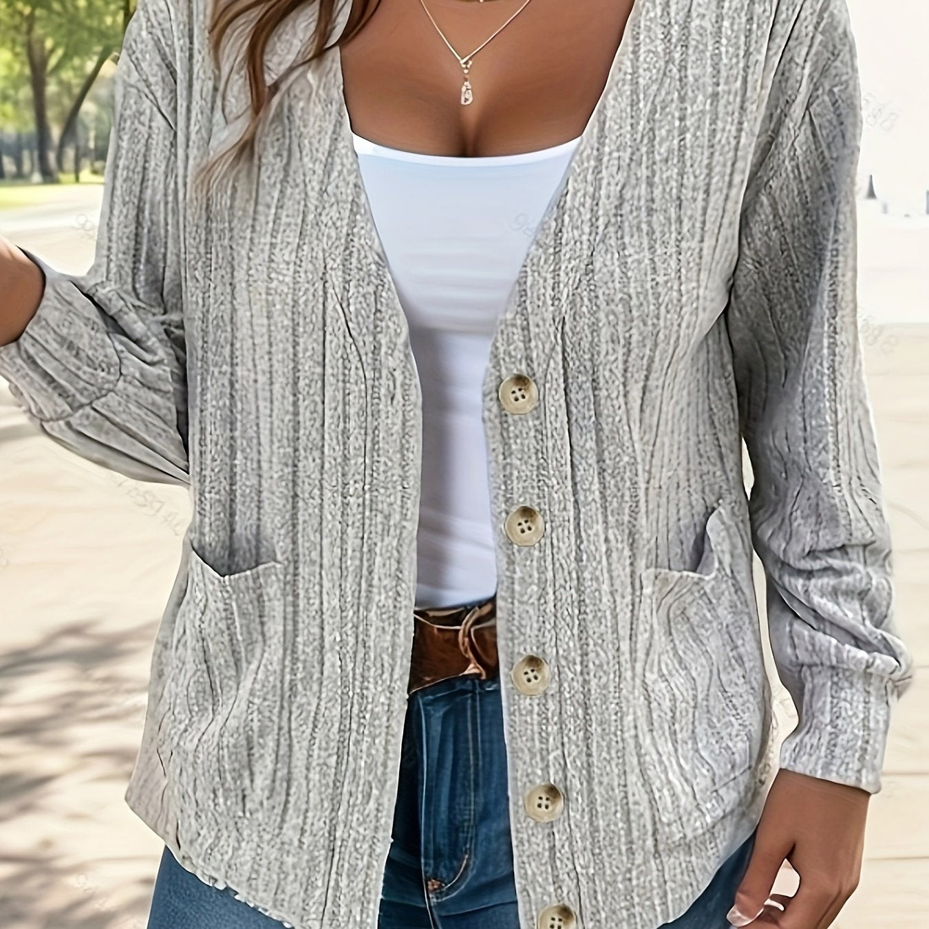 Solid Long Sleeve Knit Cardigan With Pockets