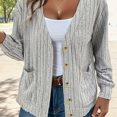 Solid Long Sleeve Knit Cardigan With Pockets