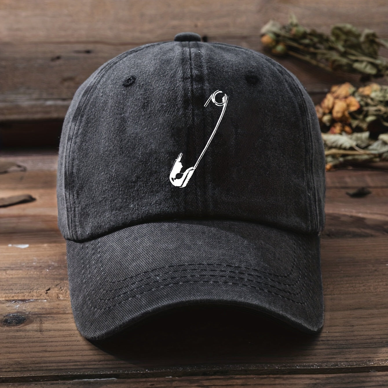 Metal Pin Decor Baseball Cap Washed Distressed Solid Cotton Sun Hats