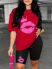 Lips & Crown Print Two Piece Set Casual Short Sleeve T shirt & Biker Shorts