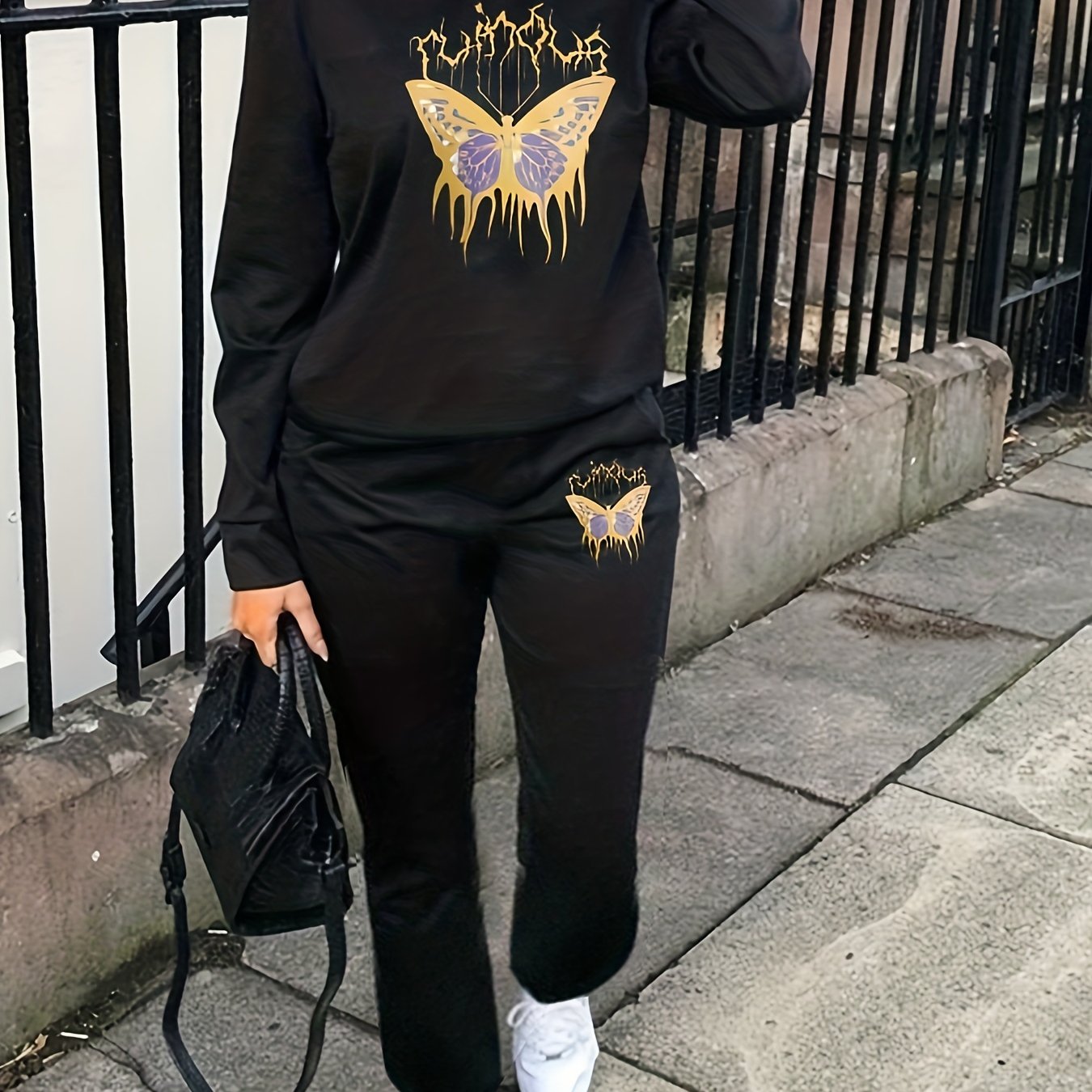 Butterfly Print Workout Set Crew Neck Long Sleeve Tops & Jogger Pants