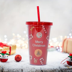Red Double Layer Plastic Cup With Straw - 710ml Capacity