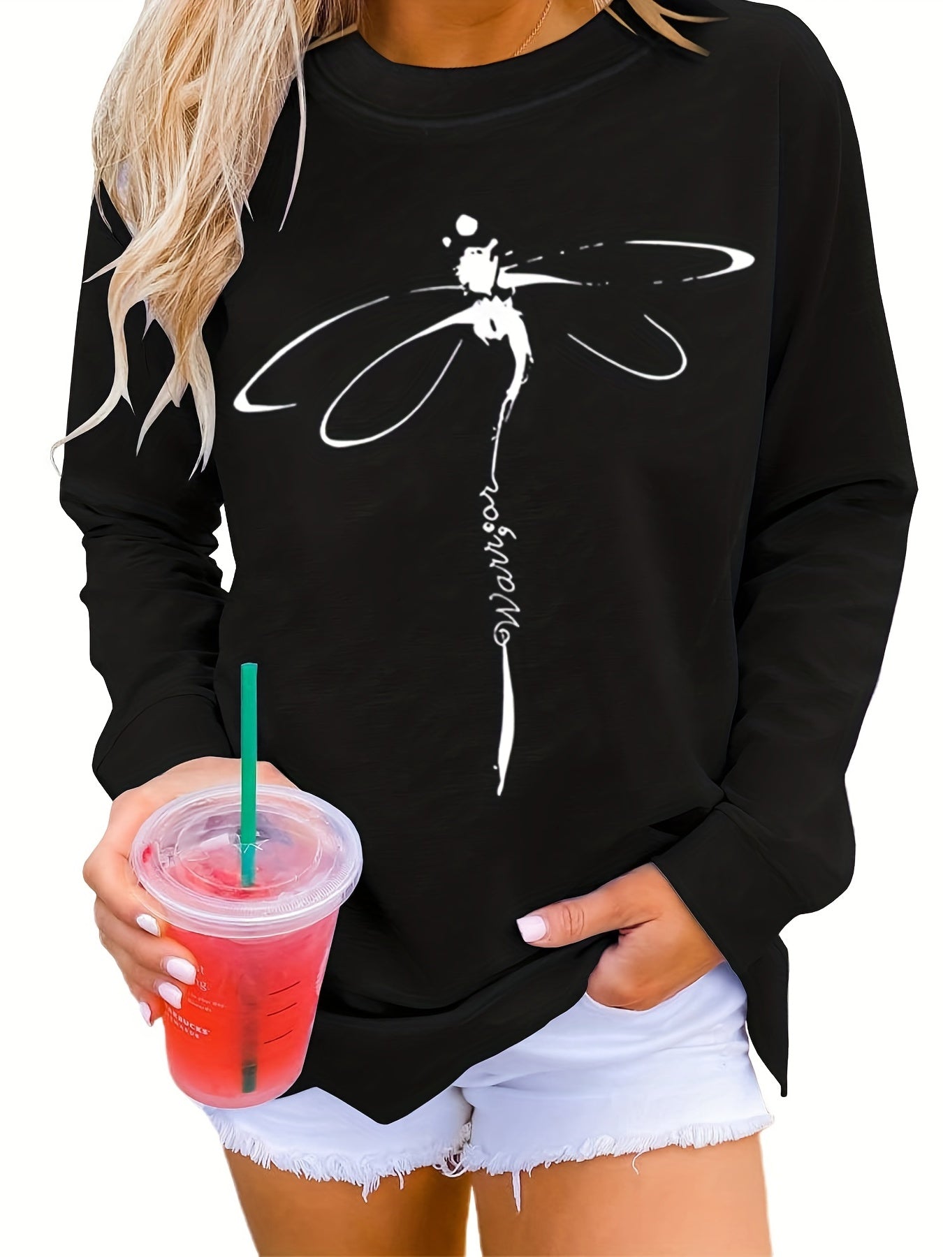 Dragonfly Print Pullover Sweatshirt Crew Neck for Fall & Winter