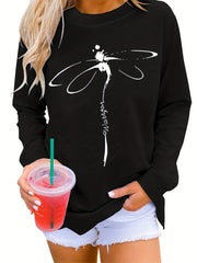 Dragonfly Print Pullover Sweatshirt Crew Neck for Fall & Winter