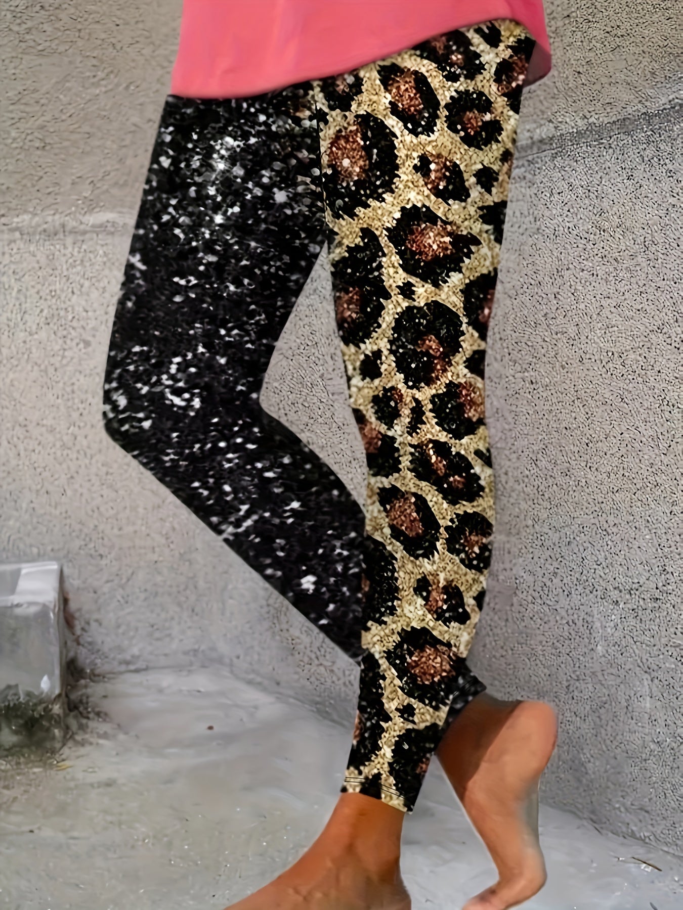 Colorblock Leopard & Sequin Print High Rise Leggings