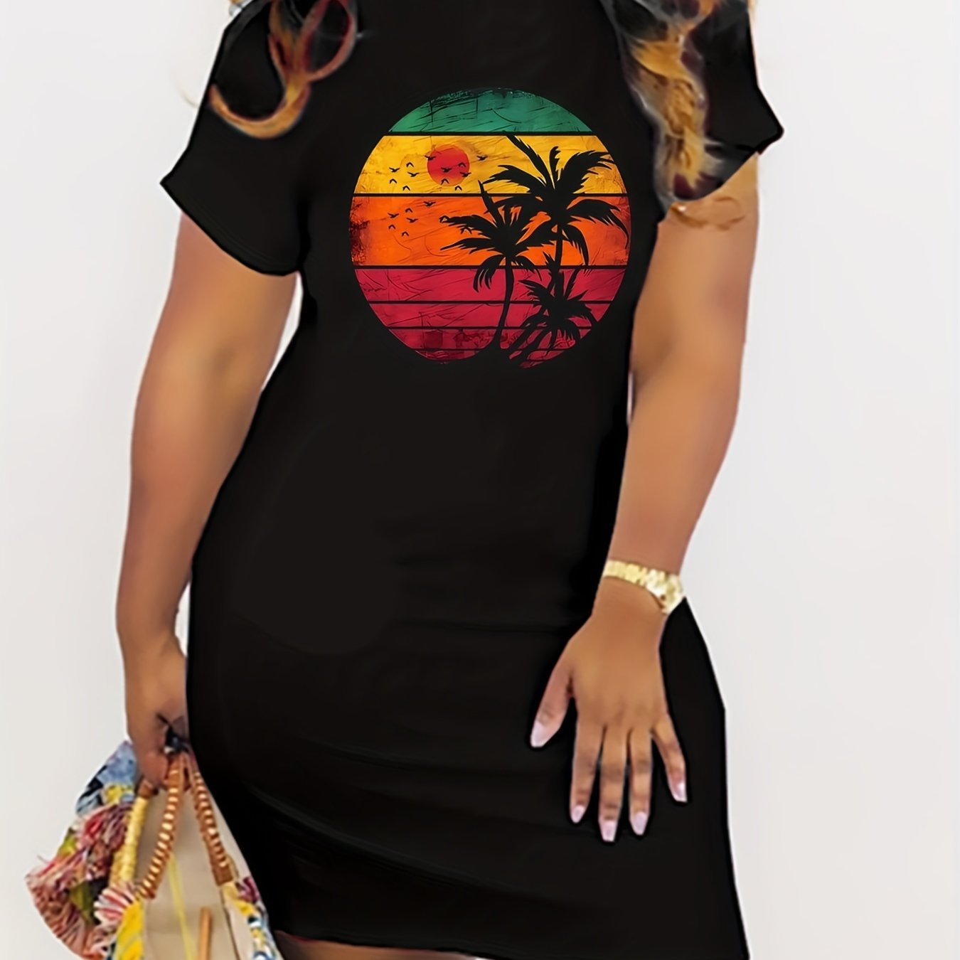Colorblock Sun & Coconut Tree Print Casual Dress