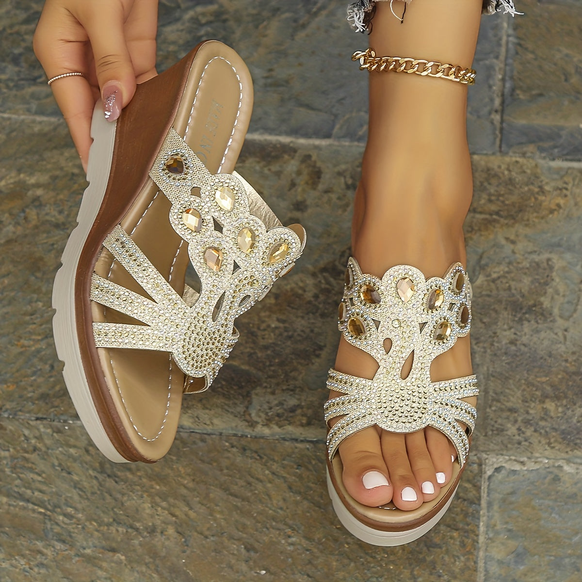 Rhinestone Wedge Sandals Cutout Platform Comfortable Summer Shoes
