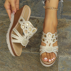 Rhinestone Wedge Sandals Cutout Platform Comfortable Summer Shoes