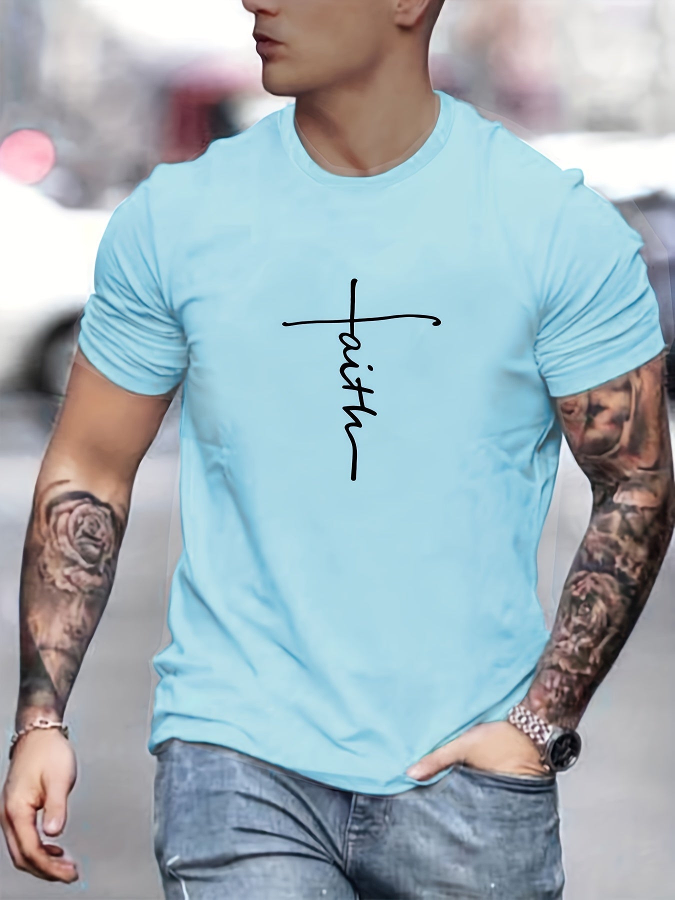 Casual Faith Print Men's Round Neck T-Shirt for Running