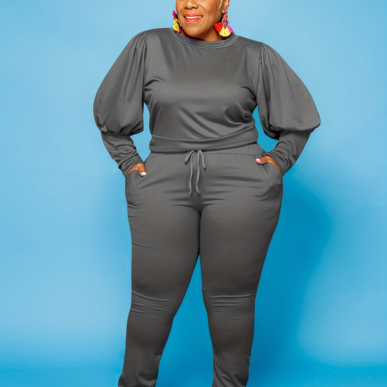 Lantern Sleeve Sweatshirt & Sweatpants Set Women's Plus