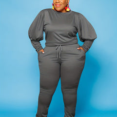 Lantern Sleeve Sweatshirt & Sweatpants Set Women's Plus