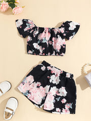 Girls Floral Print Off Shoulder Top Shorts Set Kids Summer Outfit