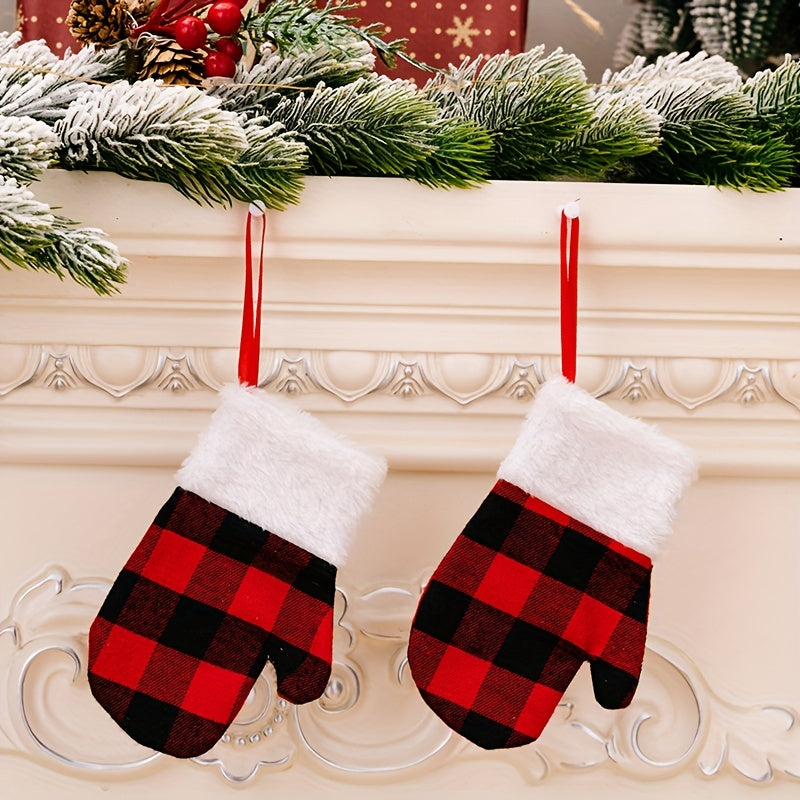 2pcs Christmas Hanging Gloves Plaid Small Gloves Christmas Tree Ornament