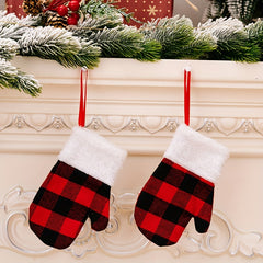 2pcs Christmas Hanging Gloves Plaid Small Gloves Christmas Tree Ornament