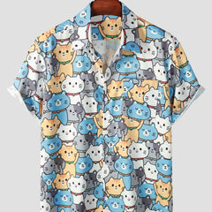 Cat Print Men's Casual Short Sleeve Shirt for Summer Vacation